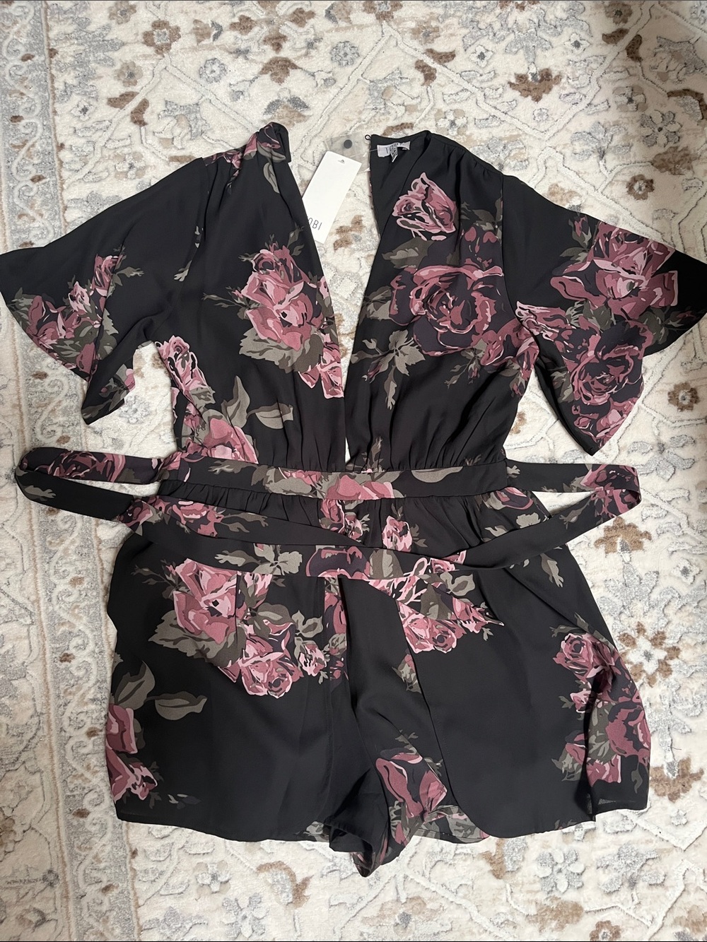 Black Floral Romper with Mauve Roses